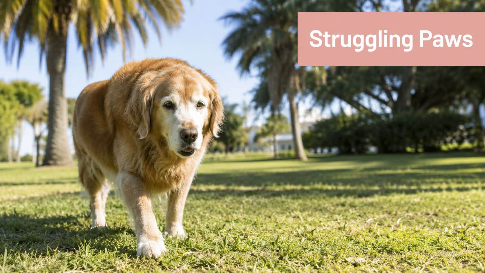 An older golden retriever dog walking through a grassy park on a sunny day.
