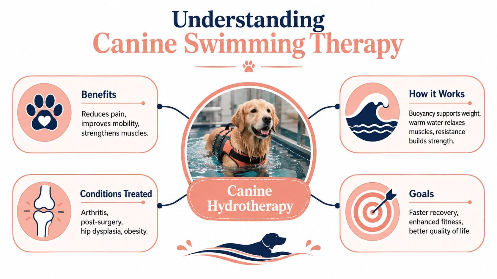 An infographic titled Understanding Canine Swimming Therapy showing benefits, treatment conditions, how it works, and therapy goals.