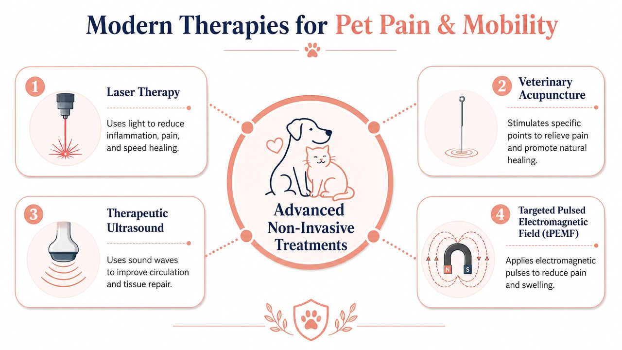 An infographic detailing four modern non-invasive veterinary therapies for managing pet pain and mobility issues.