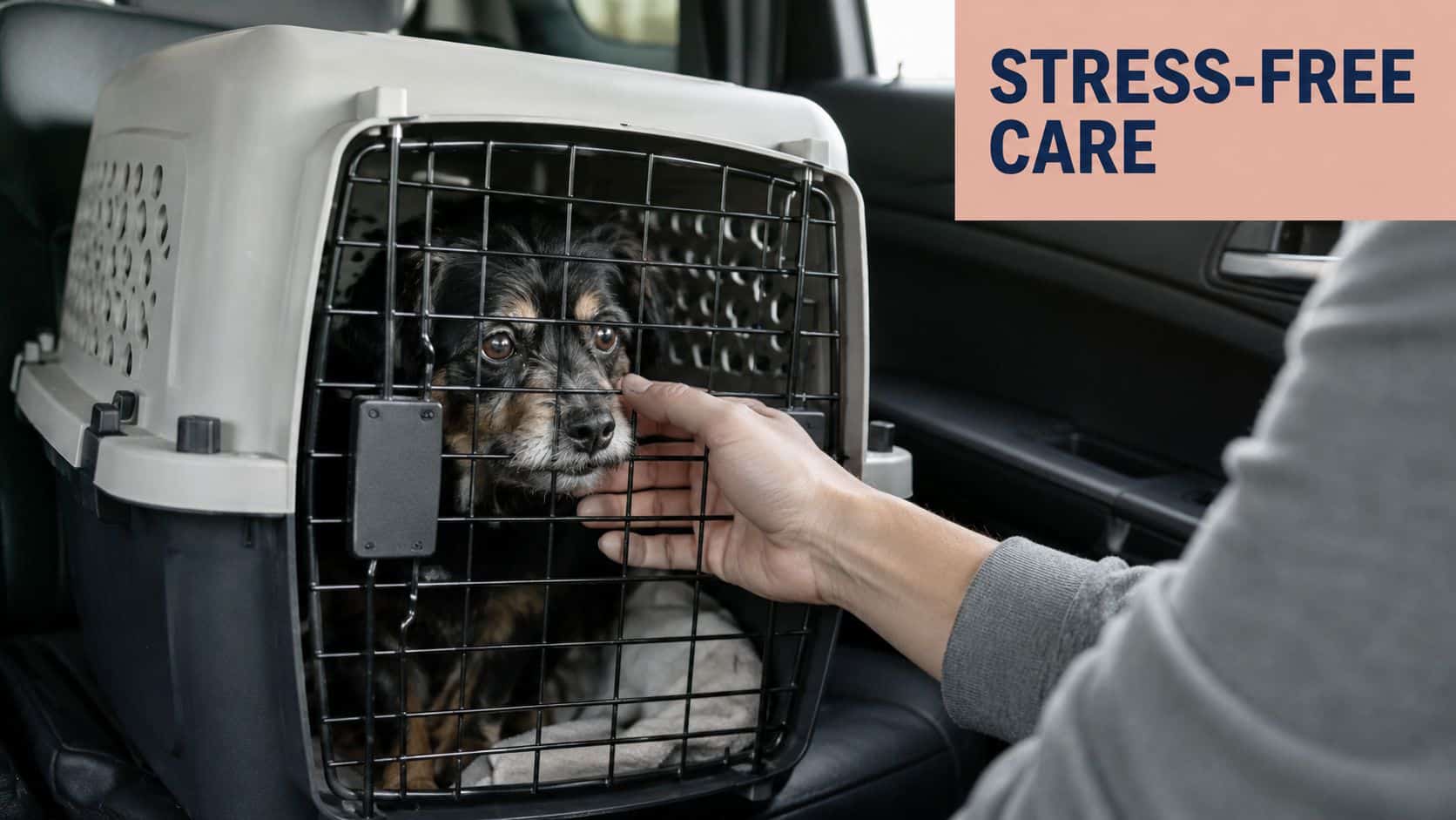 A person gently touches a small black dog resting inside a pet carrier in a car.