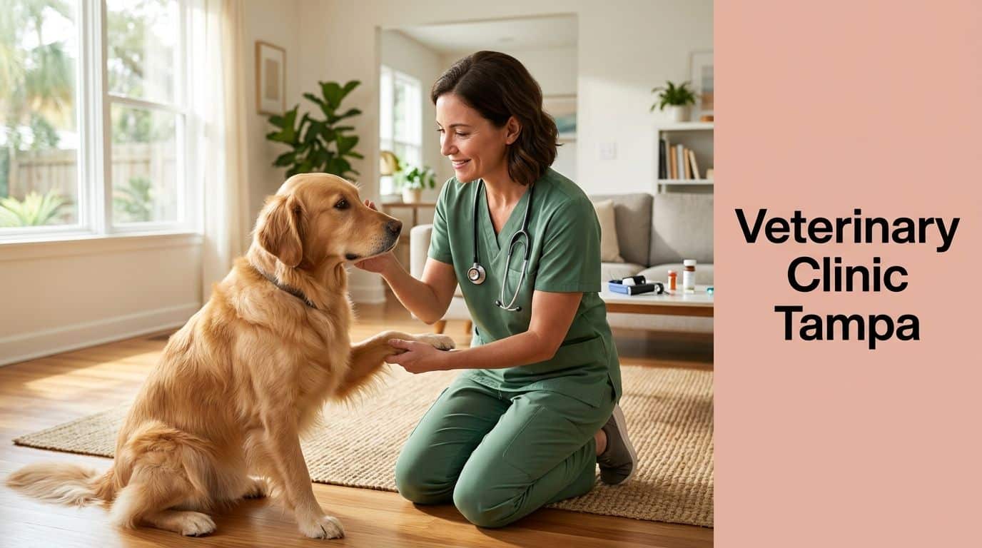 Vet in green scrubs kneels to comfort a golden retriever indoors; stethoscope around her neck in a bright home clinic setting.