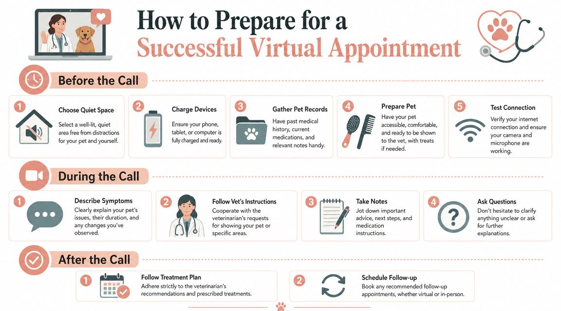 An infographic titled How to Prepare for a Successful Virtual Appointment with tips for pet owners.