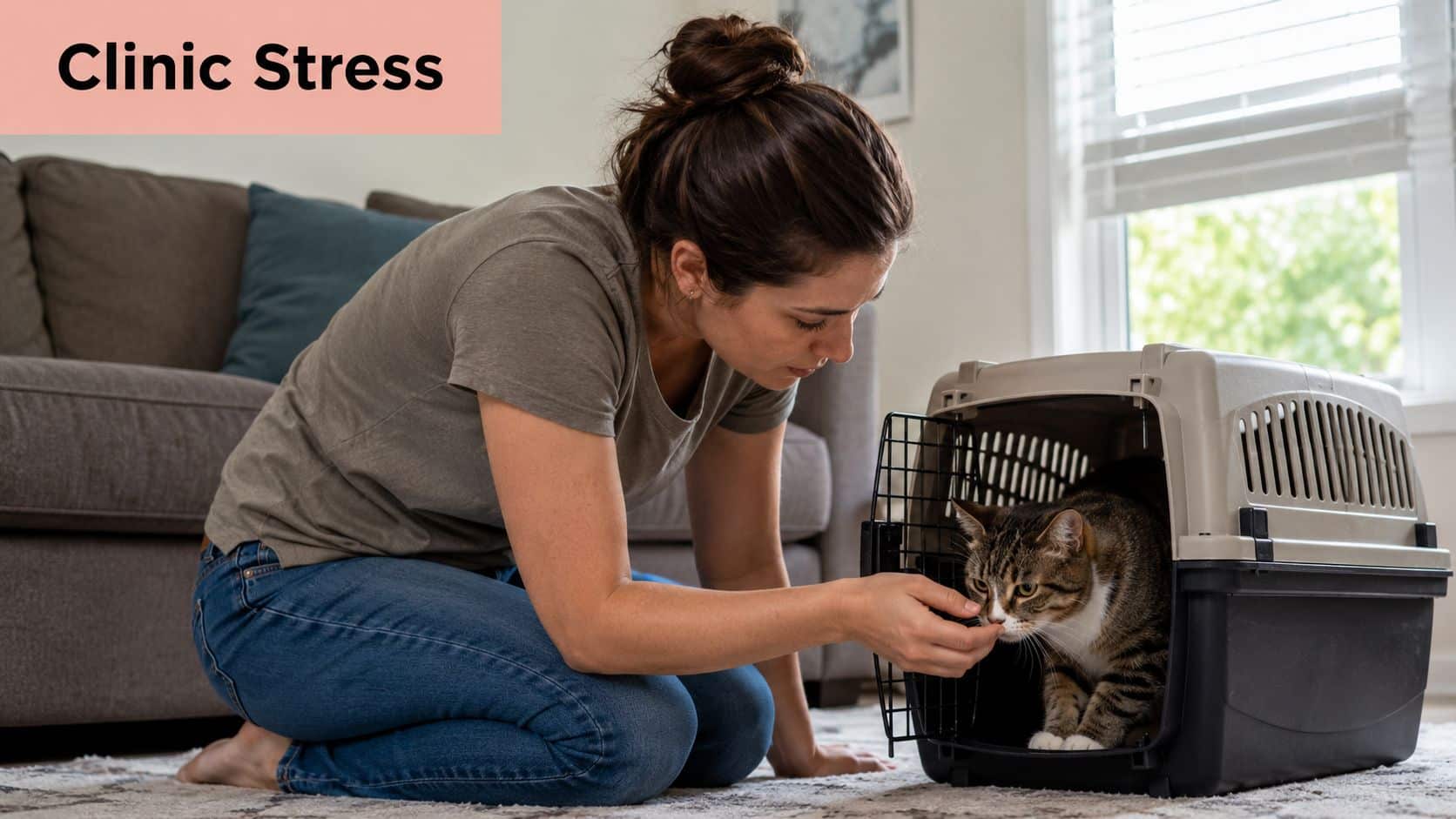 A woman gently encourages her cat to enter a pet carrier in a living room.