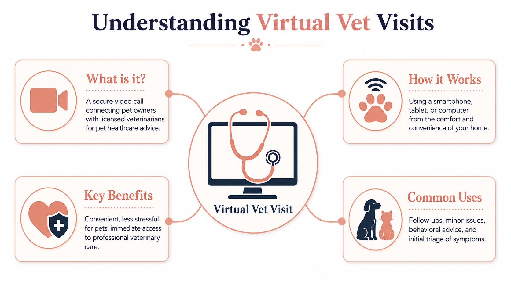 An infographic titled Understanding Virtual Vet Visits explaining how digital veterinary consultations work for pet owners.