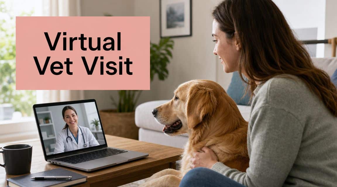 Banner reads 'Virtual Vet Visit' as a woman with her dog participates in a remote vet appointment on a laptop.