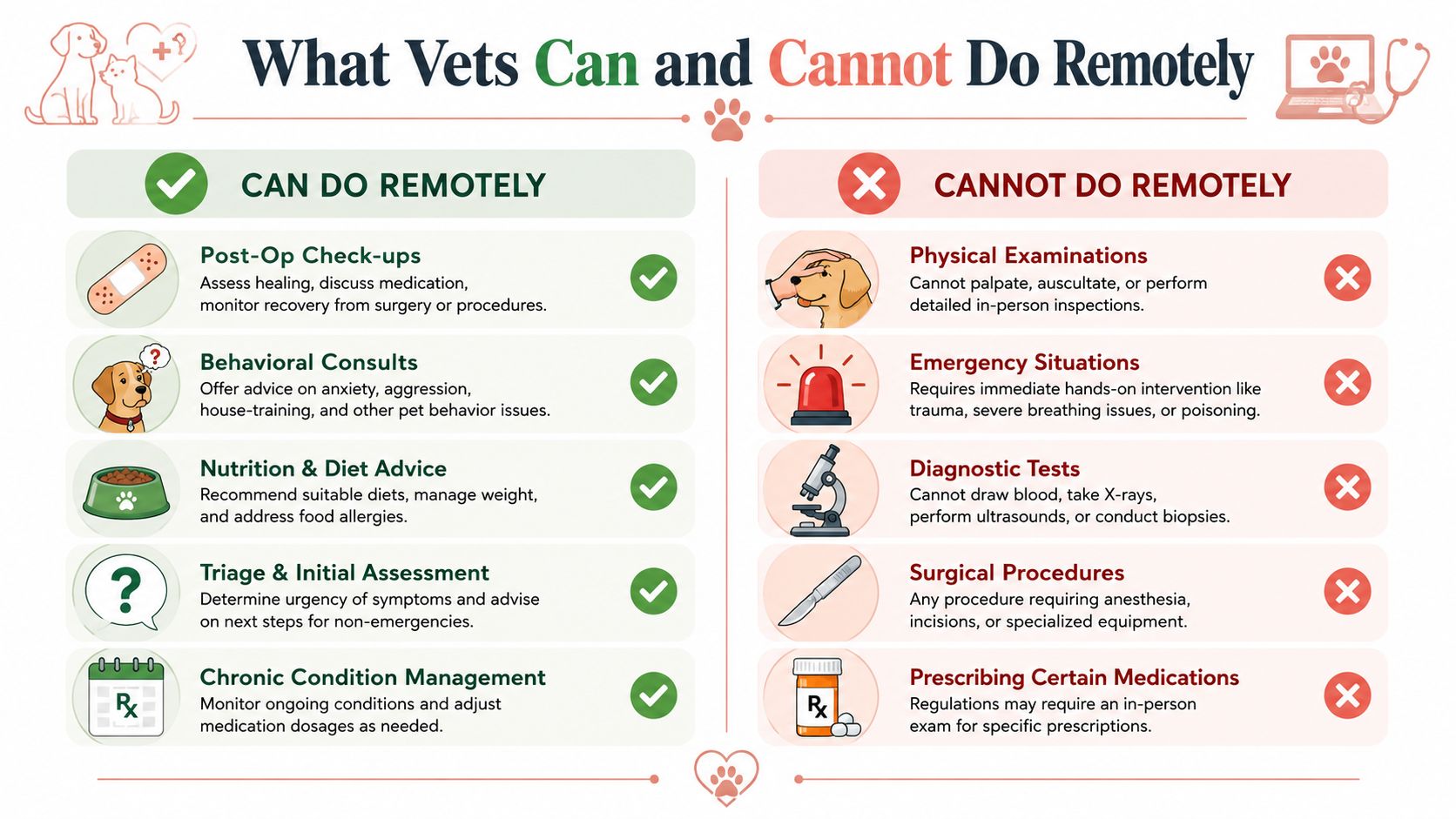 An infographic showing what veterinary services can and cannot be performed during a remote virtual consultation.