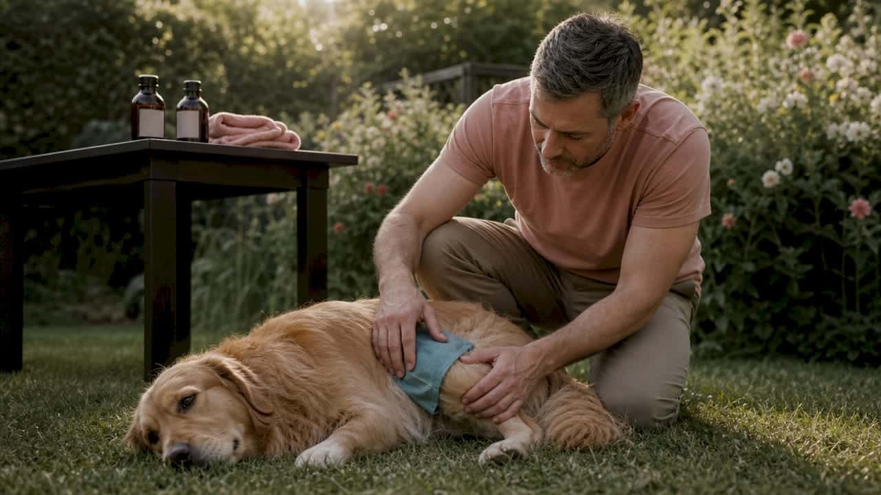 Man kneeling on the grass to wrap a light blue bandage around a golden retriever's injured leg in a garden.