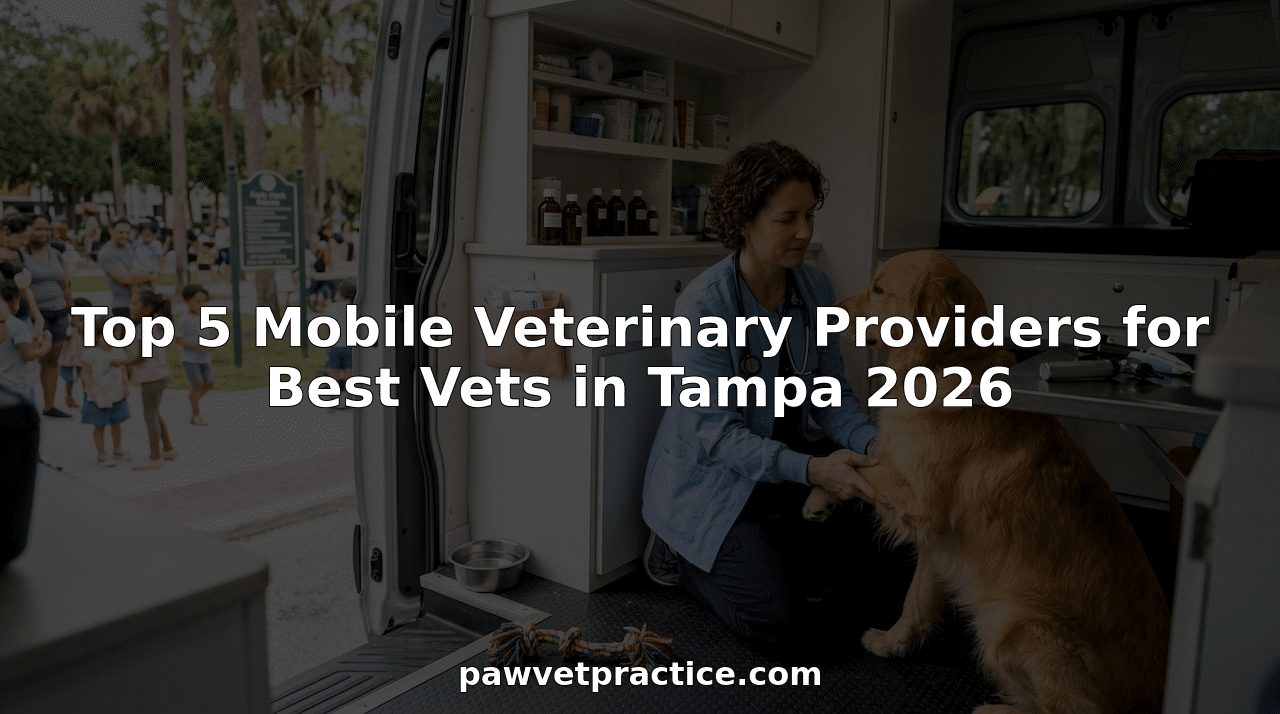Veterinarian in a mobile clinic kneels with a golden retriever inside the van, shelves of meds visible in the background.