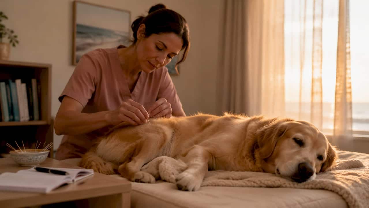 Veterinarian performing acupuncture on dog hip