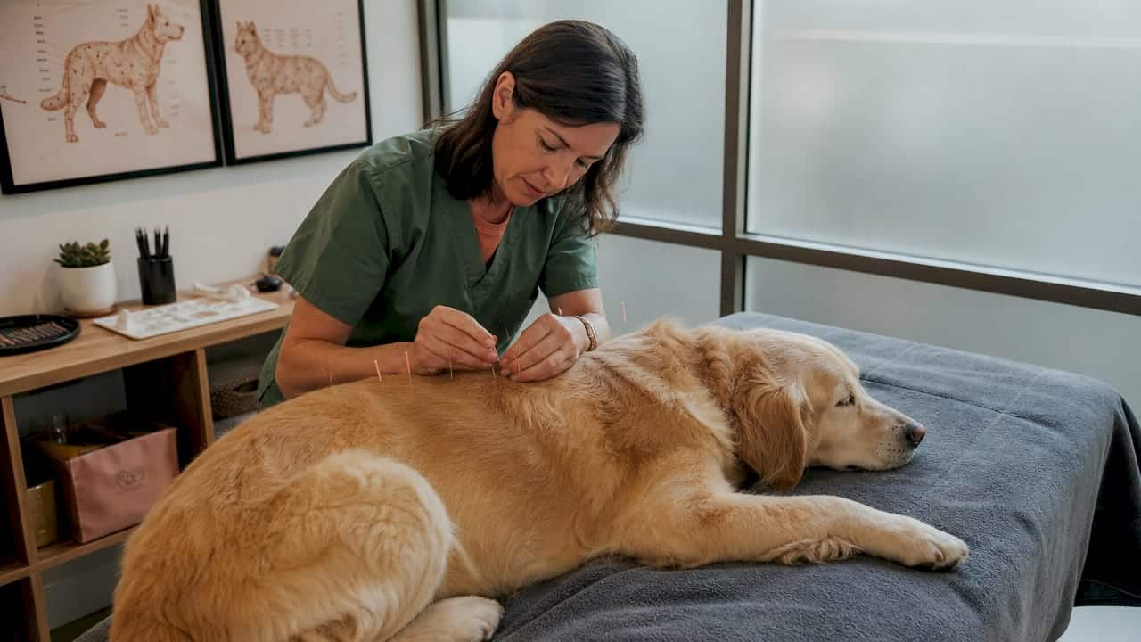 Veterinary clinician in green scrubs inserts acupuncture needles into a relaxed golden retriever on a treatment table.