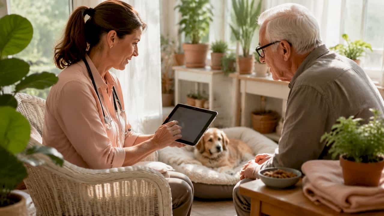 Veterinarian consulting senior dog owner at home