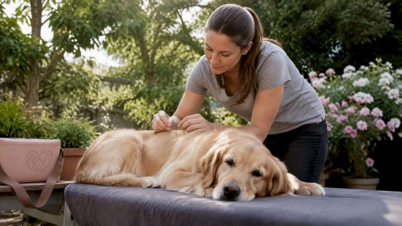 Veterinarian performing acupuncture on calm dog