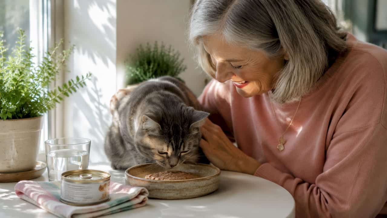 Older woman feeding senior cat wet food