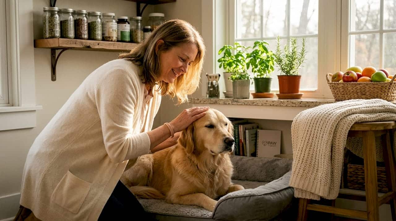 Woman comforting dog with natural pain relief