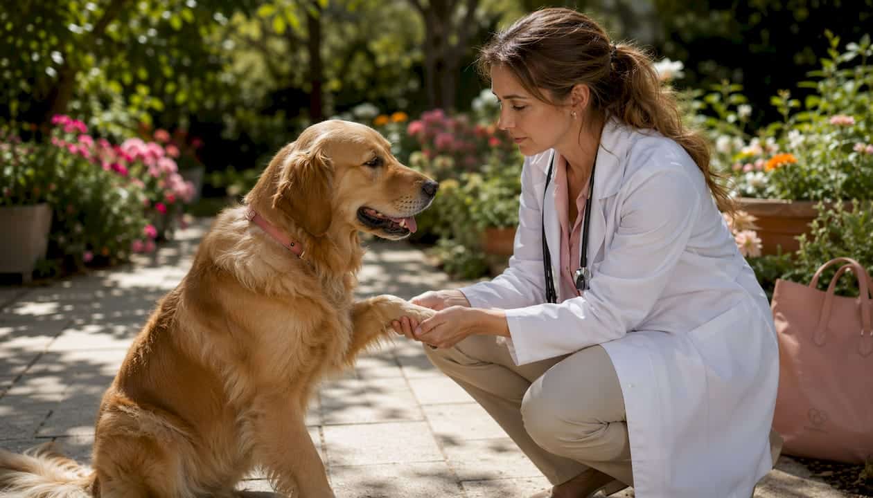 Veterinarian examining dog in clinic exam room