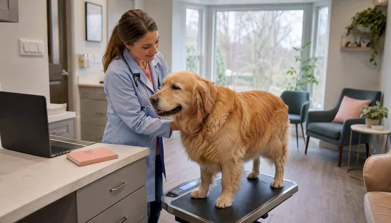Veterinarian weighing an obese golden retriever in clinic