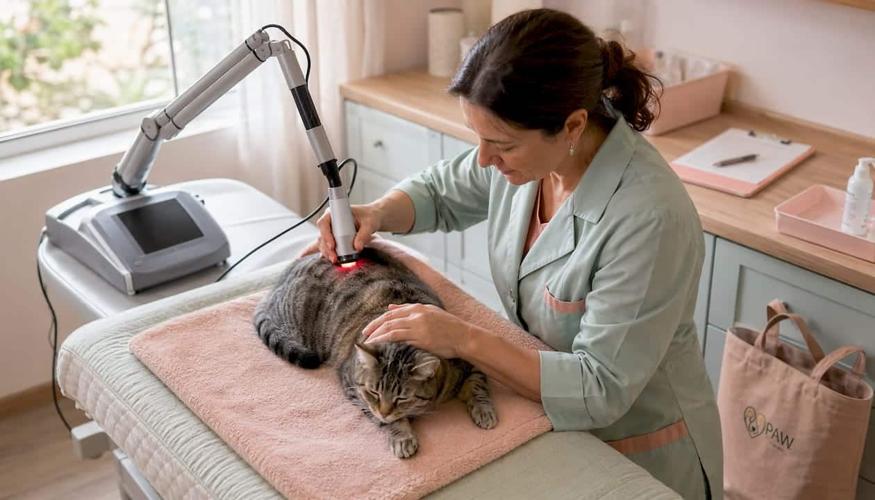 Veterinarian giving laser therapy to cat