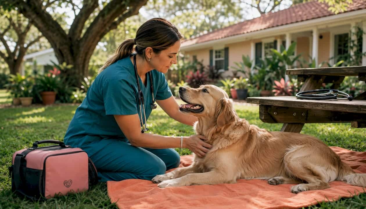 Veterinarian examining dog on driveway