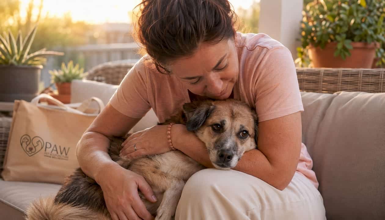 Woman comforting anxious dog at home