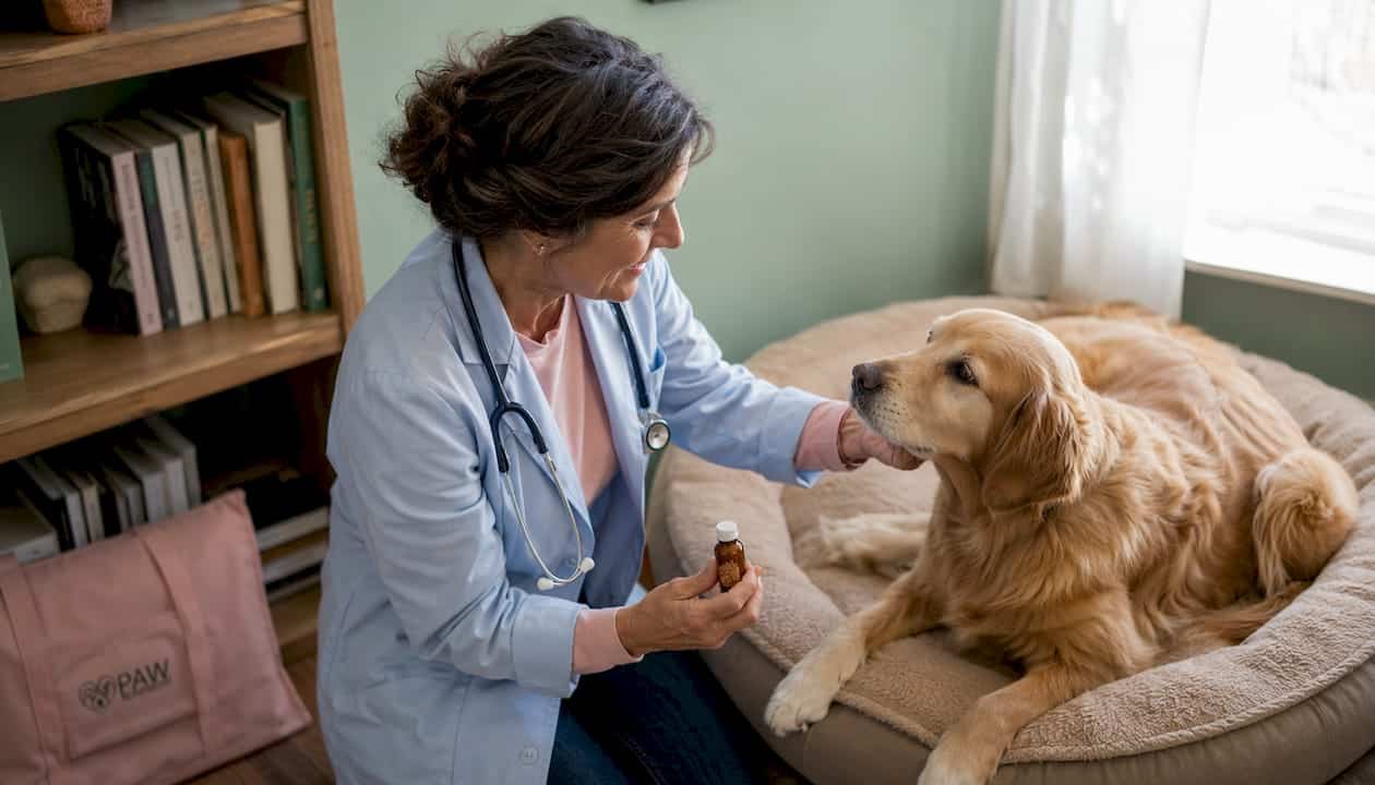 Veterinarian examining dog with homeopathic treatment
