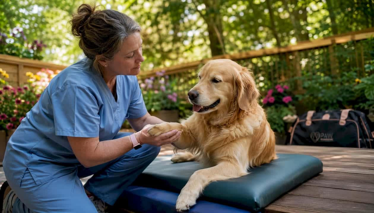 Veterinarian performing physical therapy on dog