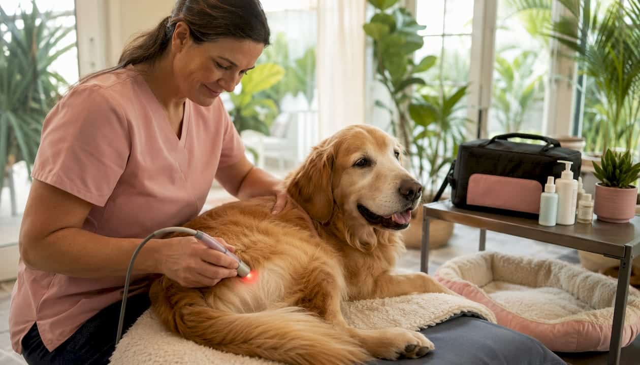 Veterinary professional administering laser therapy to dog