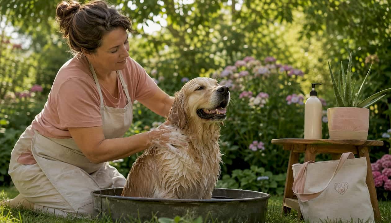 Woman pours full attention as she bathes a wet golden retriever in a metal tub in a sunlit garden.