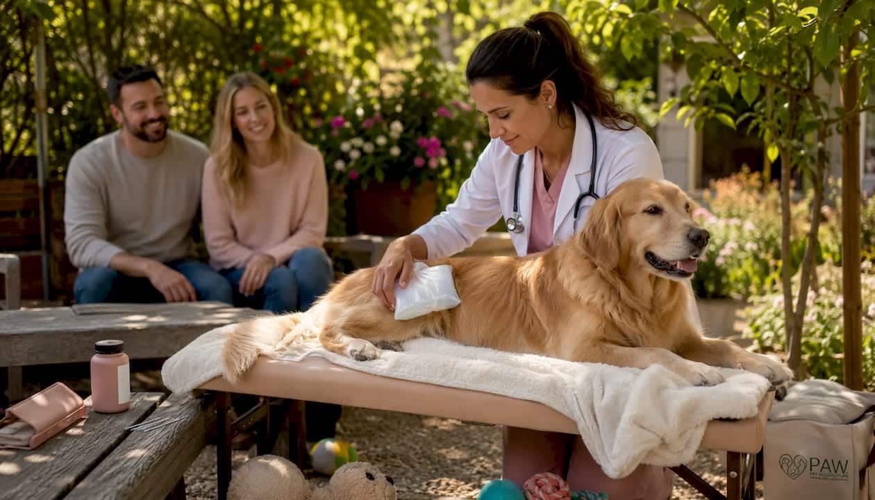 Veterinarian applying cold compress to dog post-spaying