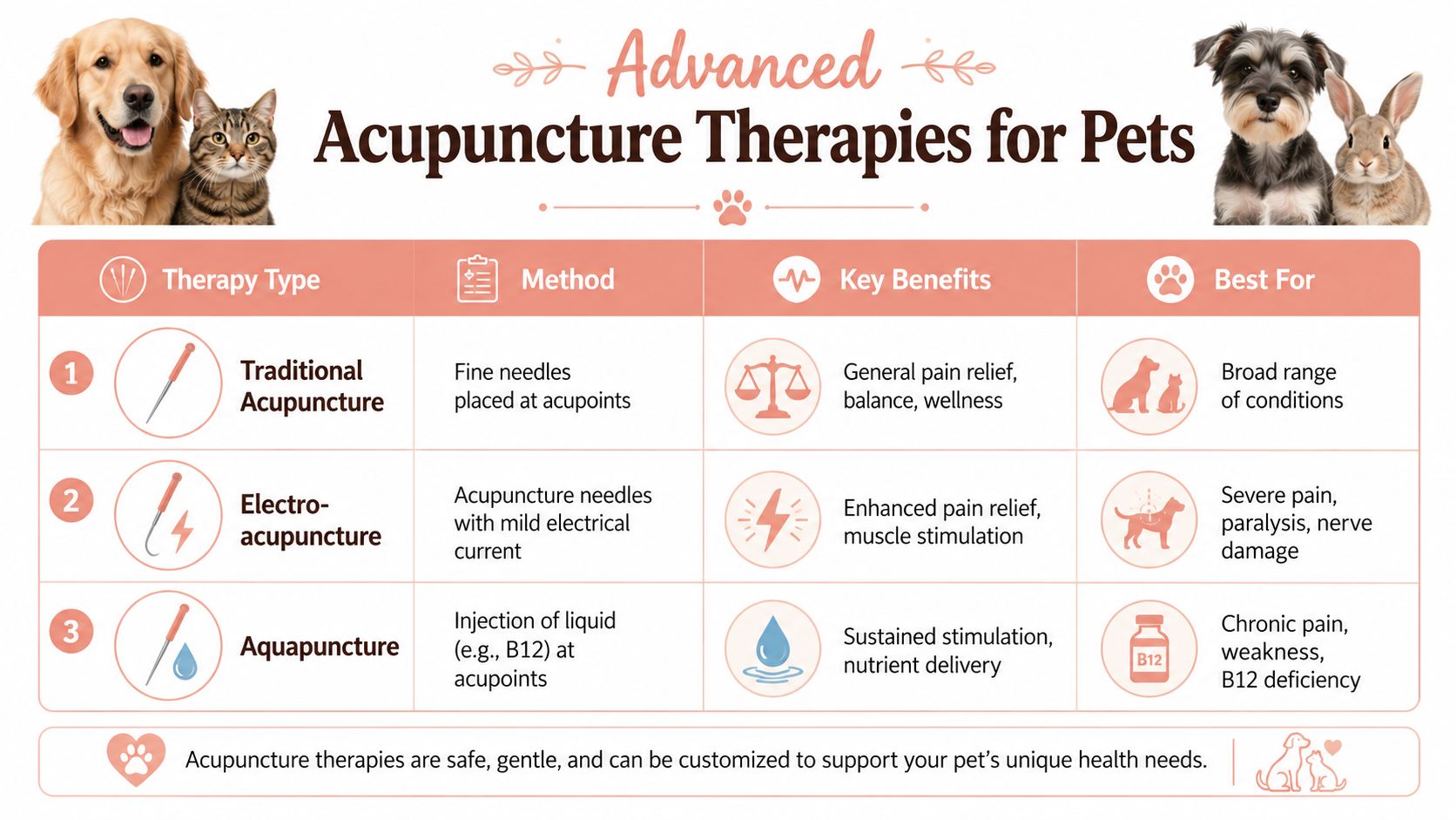 An infographic detailing three types of acupuncture therapies for pets including traditional, electro-acupuncture, and aquapuncture methods.