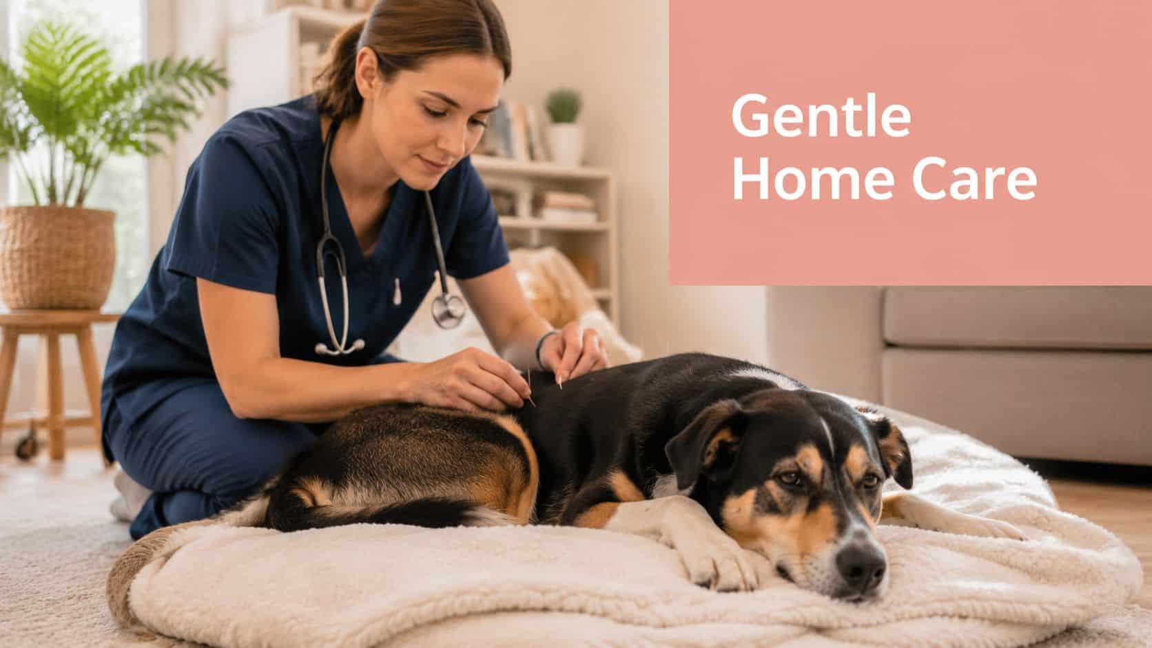 A veterinarian performing acupuncture on a calm dog resting on a soft bed at home.