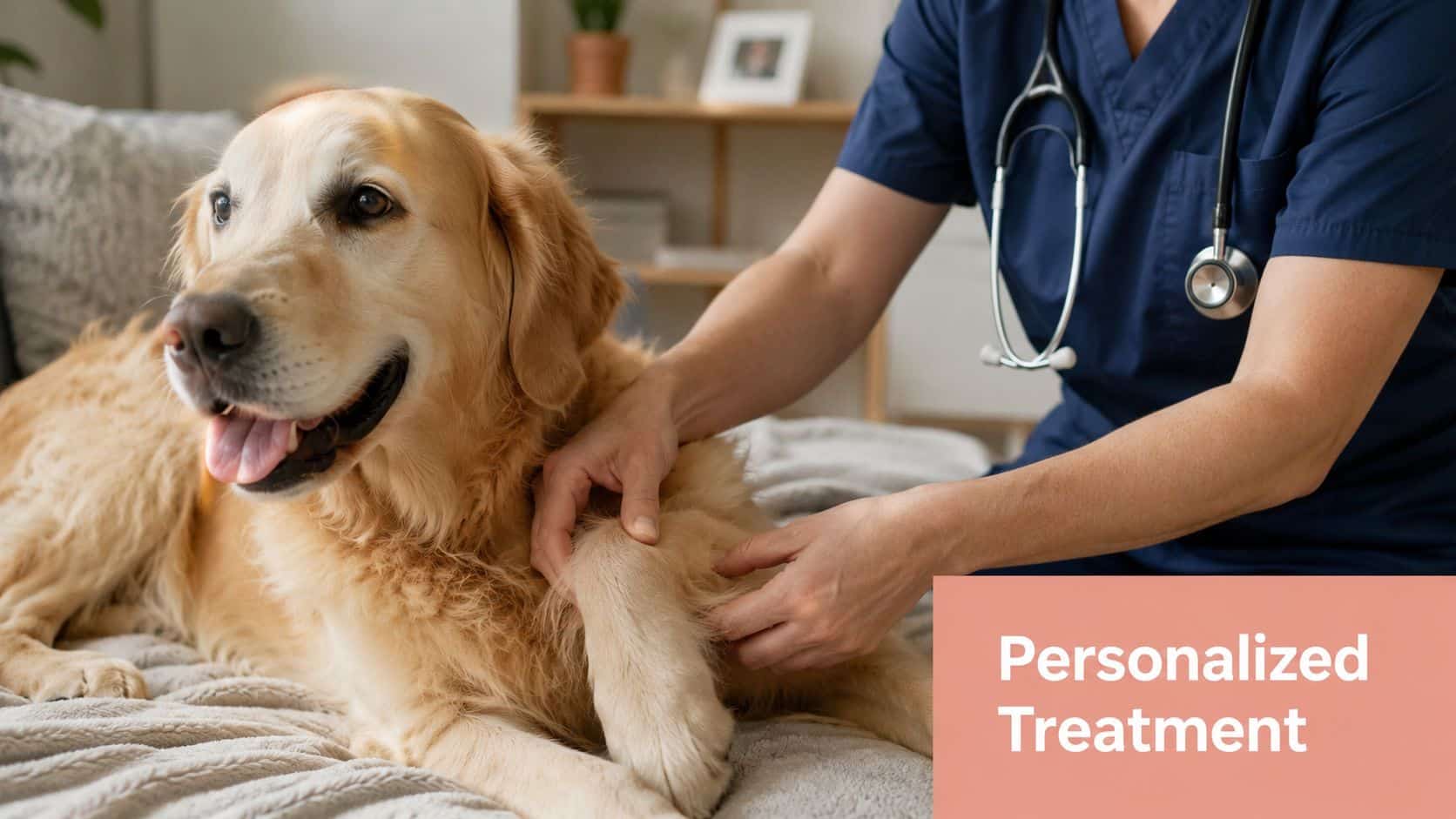A veterinarian gently examines the leg of a happy golden retriever sitting on a soft blanket.