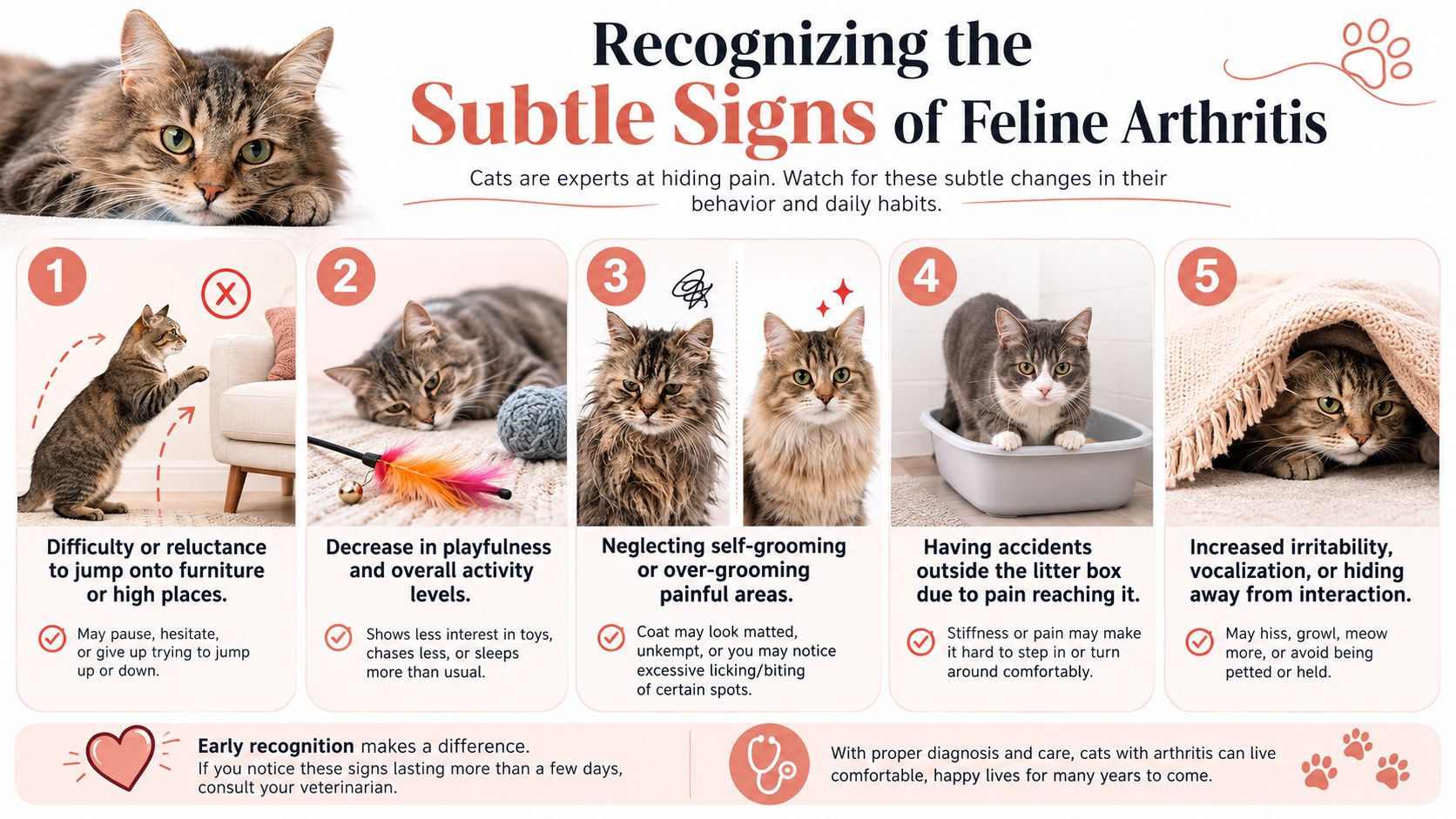 An infographic detailing five subtle signs of arthritis in cats, such as mobility issues and behavioral changes.