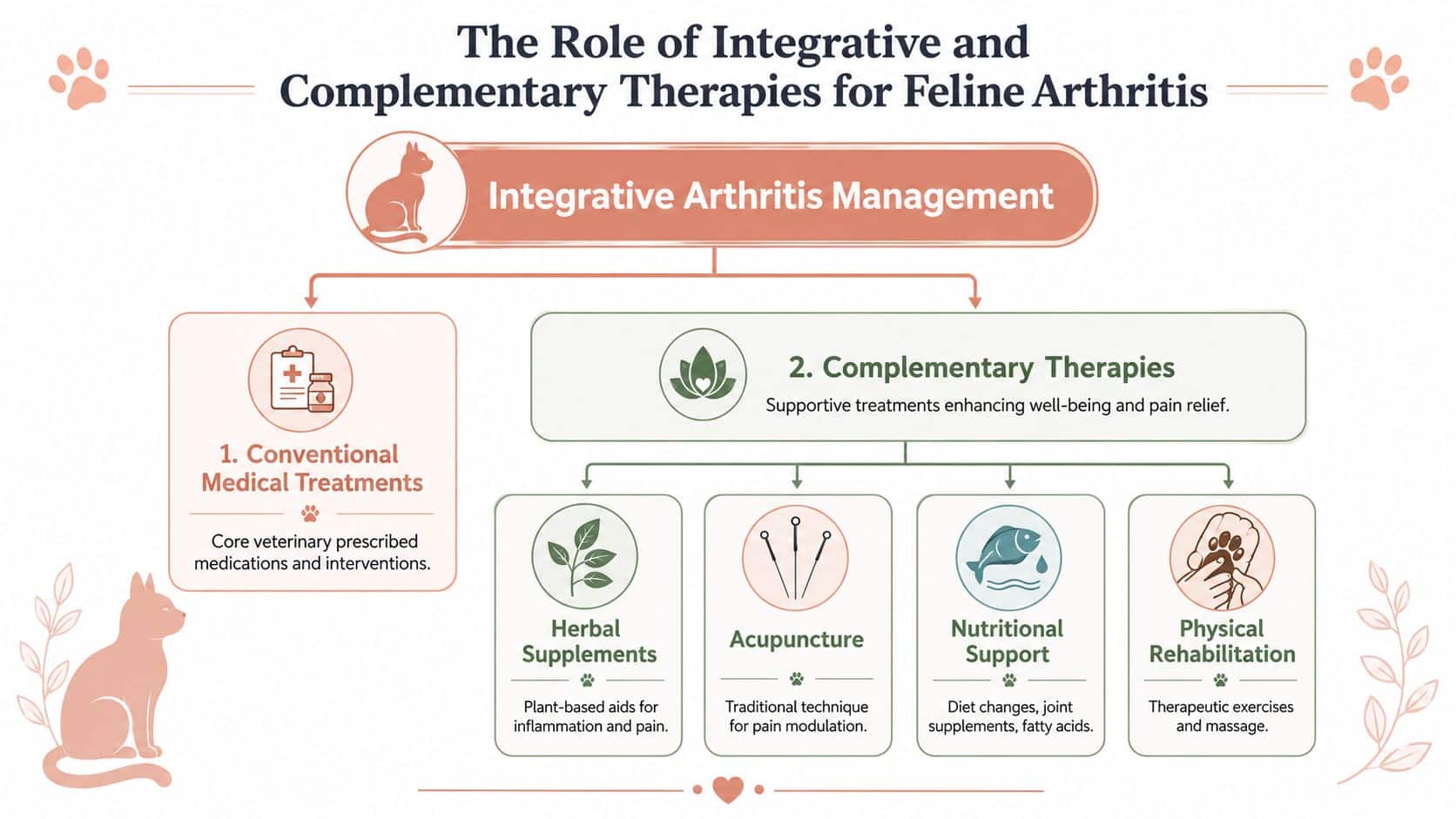 An infographic showing integrative and complementary approaches for managing feline arthritis through medical and supportive therapies.