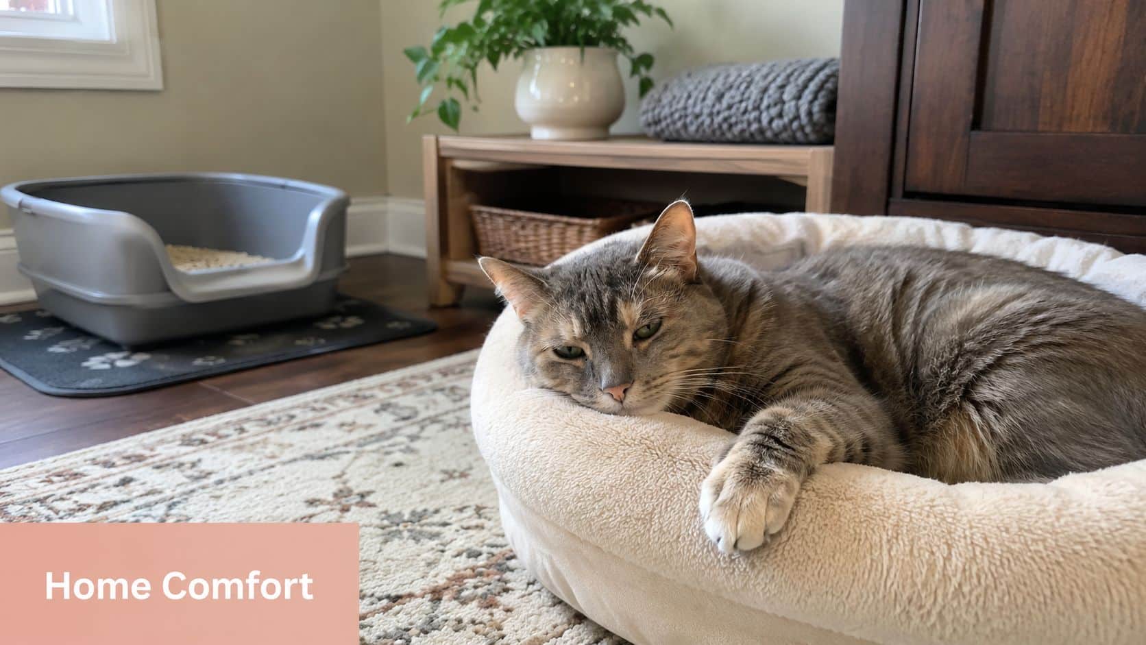 A relaxed tabby cat resting comfortably in a plush, circular pet bed on a patterned area rug.