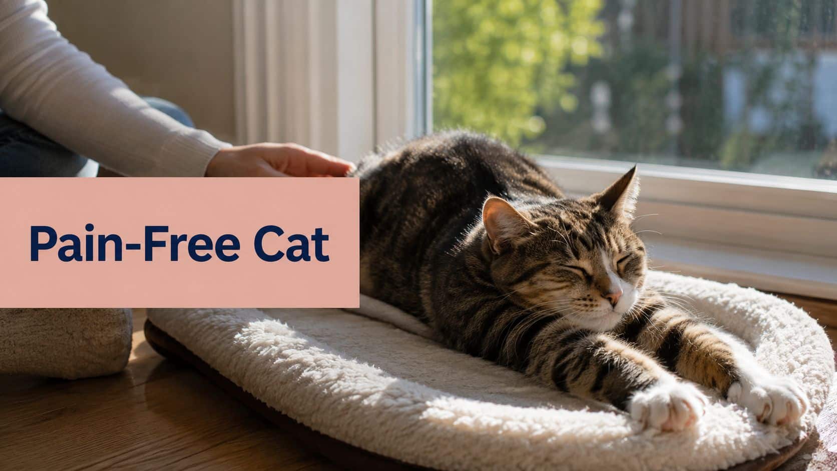 Person pets a relaxed tabby cat sleeping on a fluffy bed by a sunny window; a pink sign reads 'Pain-Free Cat'.