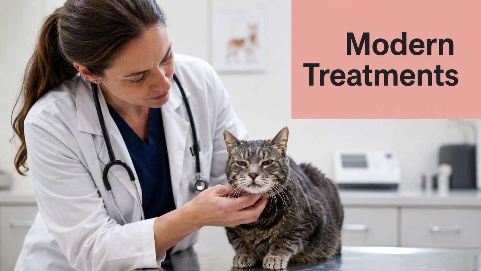 A female veterinarian wearing a white coat examines a tabby cat at a professional veterinary clinic.