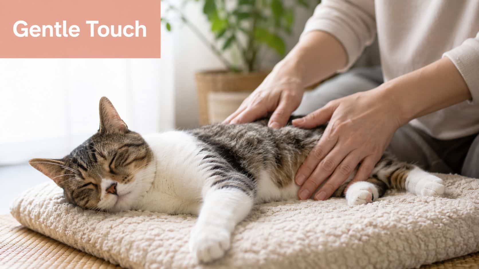 A person gently massaging a calm tabby cat lying on a soft cushion for relaxation and care.