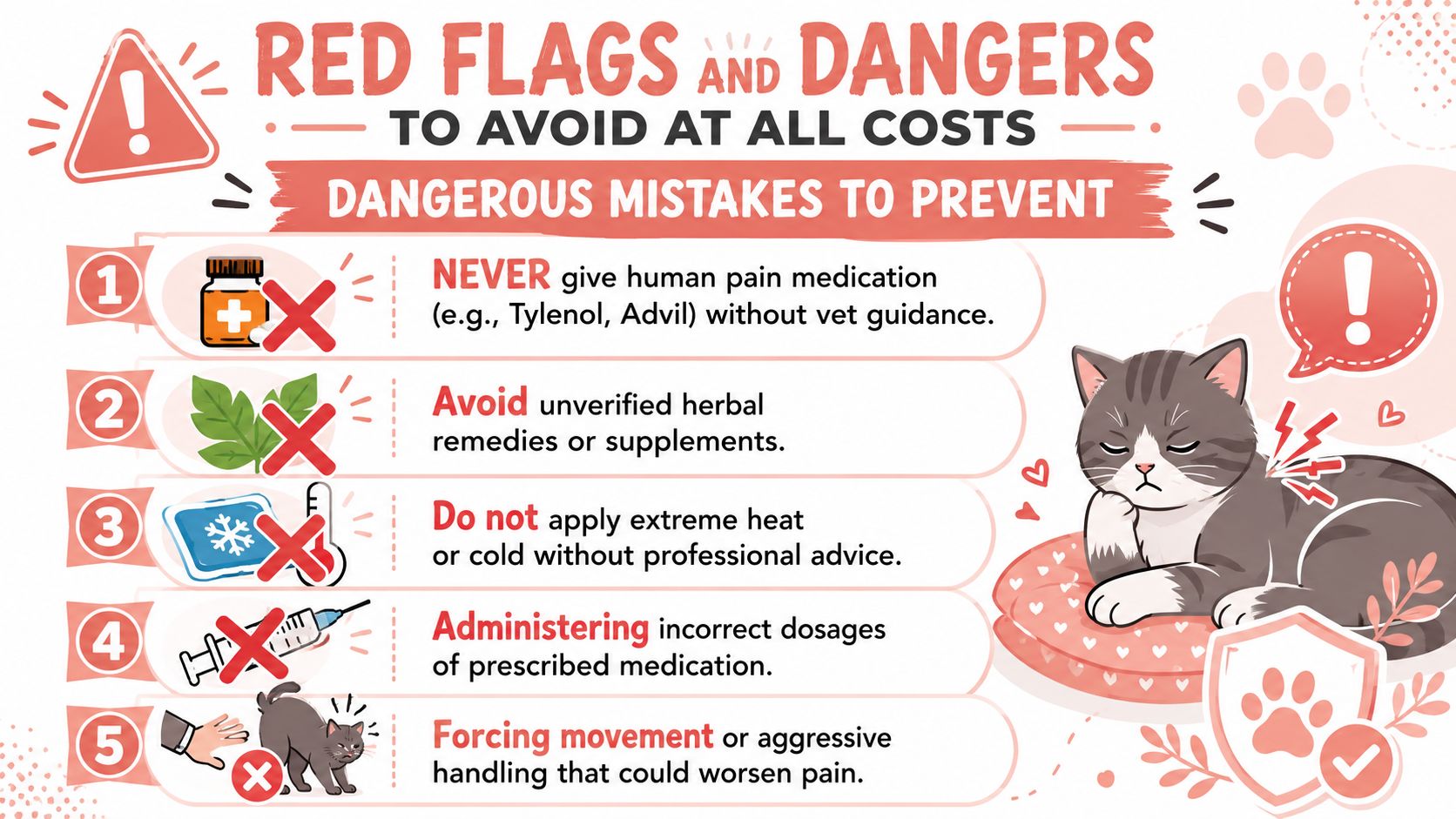 An infographic listing five dangerous mistakes to avoid when managing pain in cats at home.