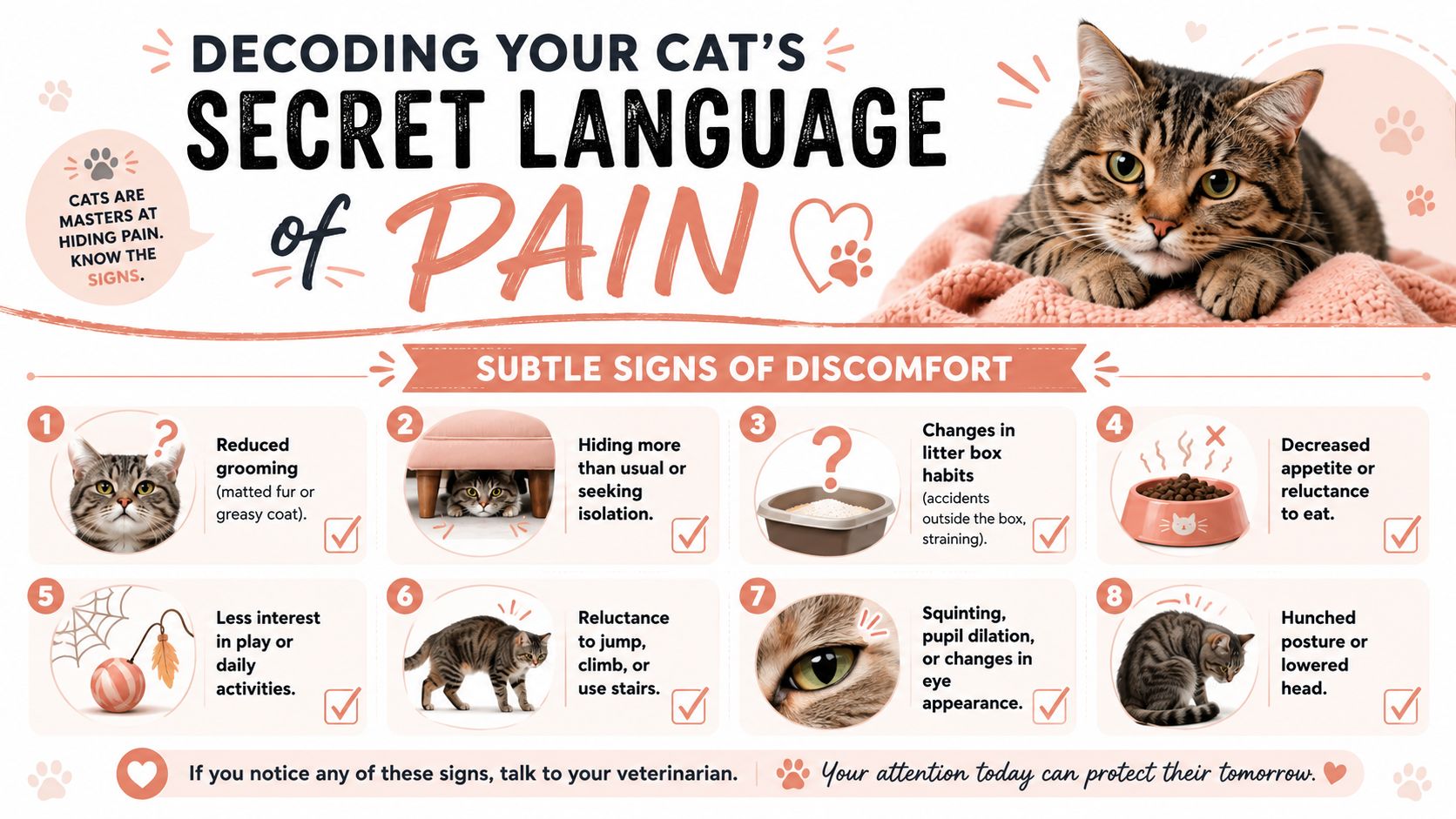 An infographic detailing eight subtle signs of pain in cats to help owners identify feline discomfort.