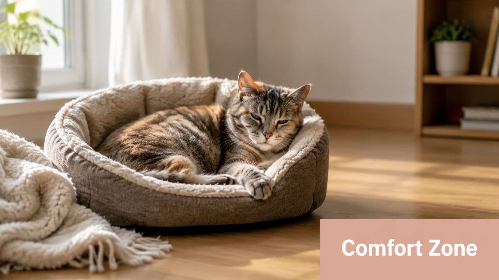 A cozy brown tabby cat sleeping peacefully in a soft, plush bed on a sunlit wooden floor.
