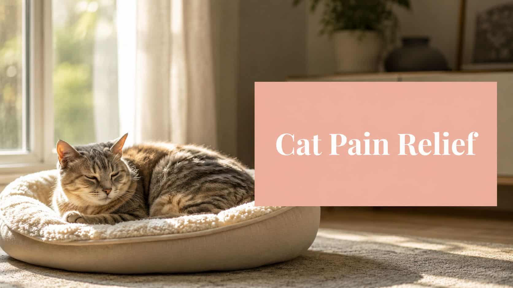 Cat napping in a plush beige bed by a sunlit window, with a pink overlay reading 'Cat Pain Relief'.