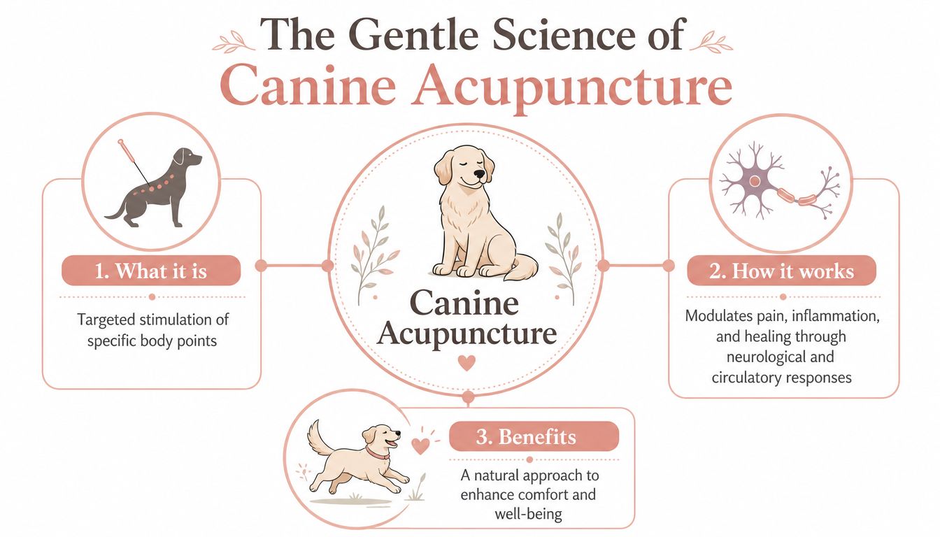 An infographic explaining canine acupuncture, its mechanism, and benefits for improving a dog's health and comfort.