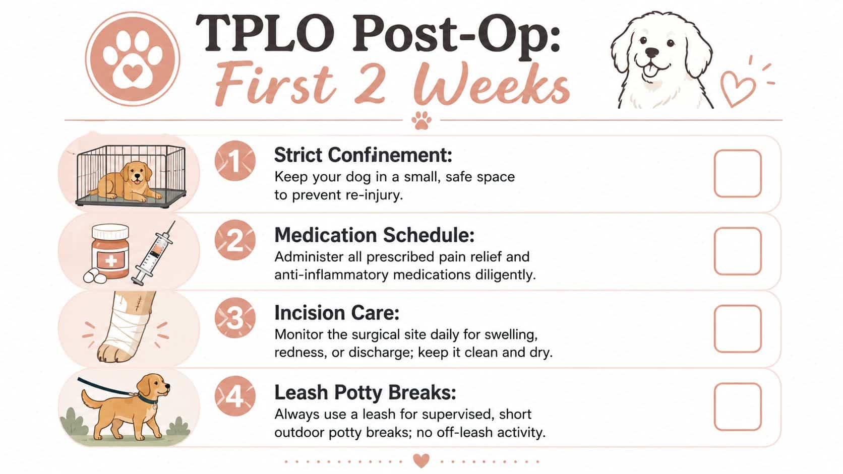 An infographic checklist for dog TPLO post-operative care during the first two weeks after surgery.