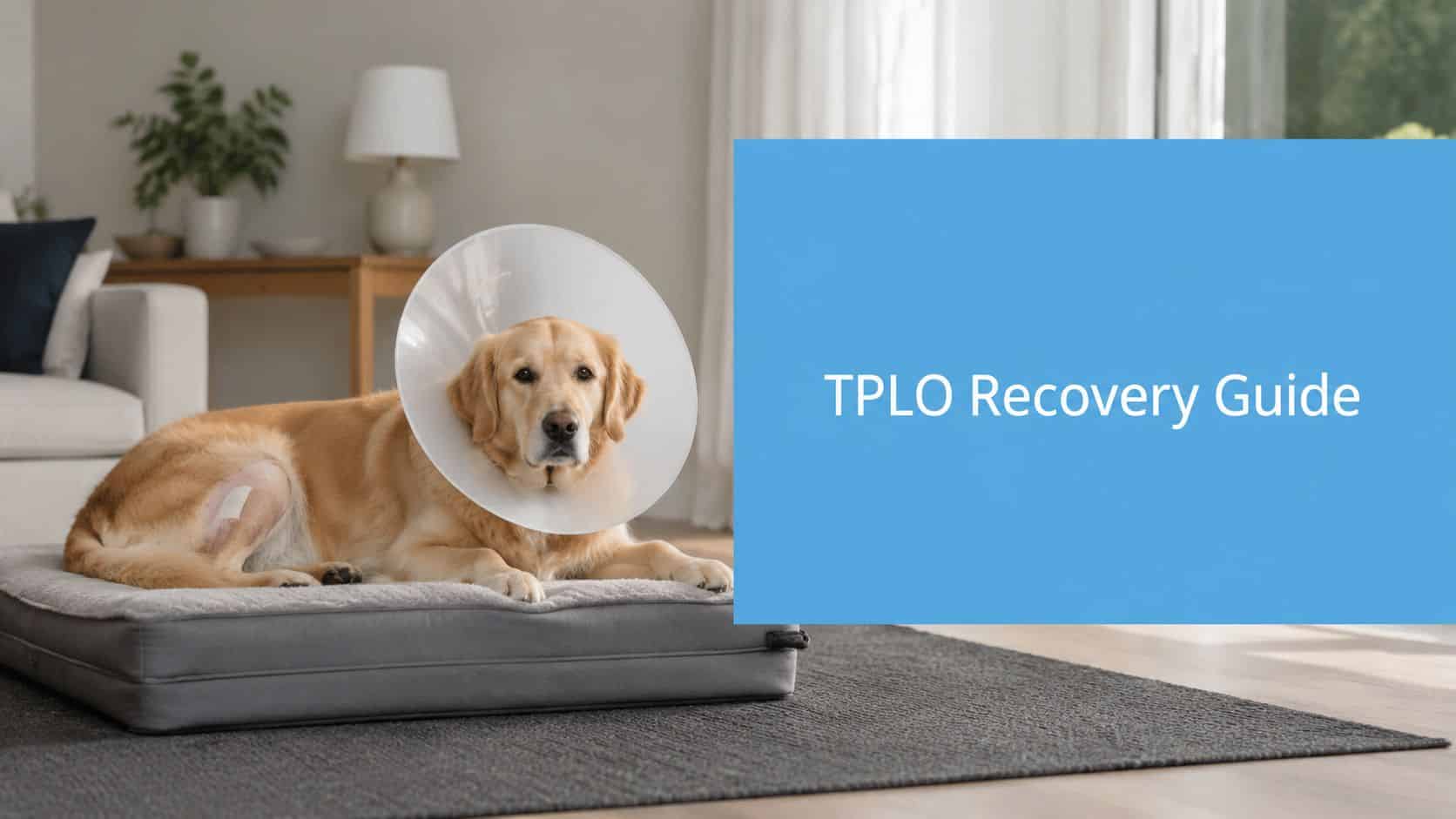 Golden retriever wearing an Elizabethan collar resting on a dog bed in a living room, with a blue panel reading 'TPLO Recovery Guide'.
