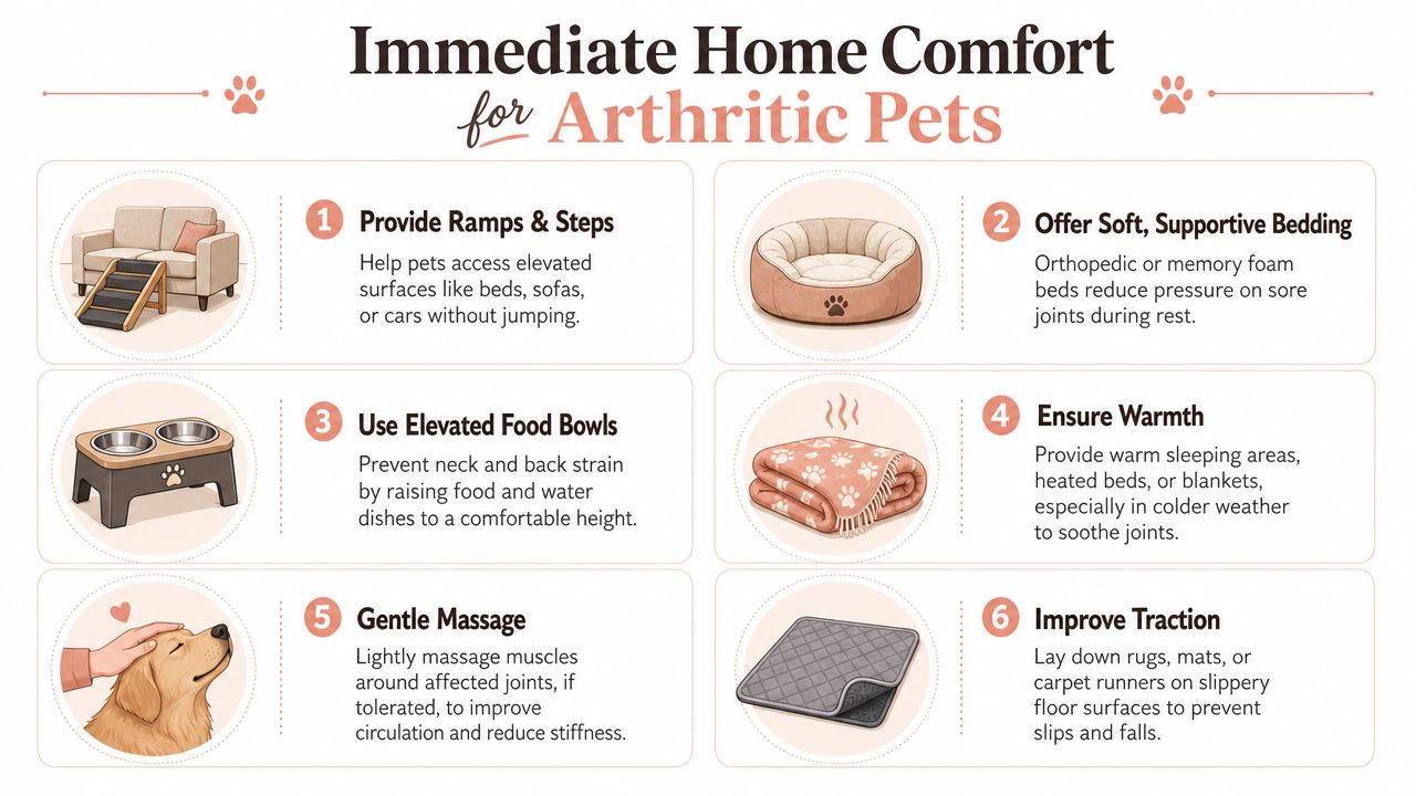 An infographic titled Immediate Home Comfort for Arthritic Pets, listing six tips to help senior dogs.