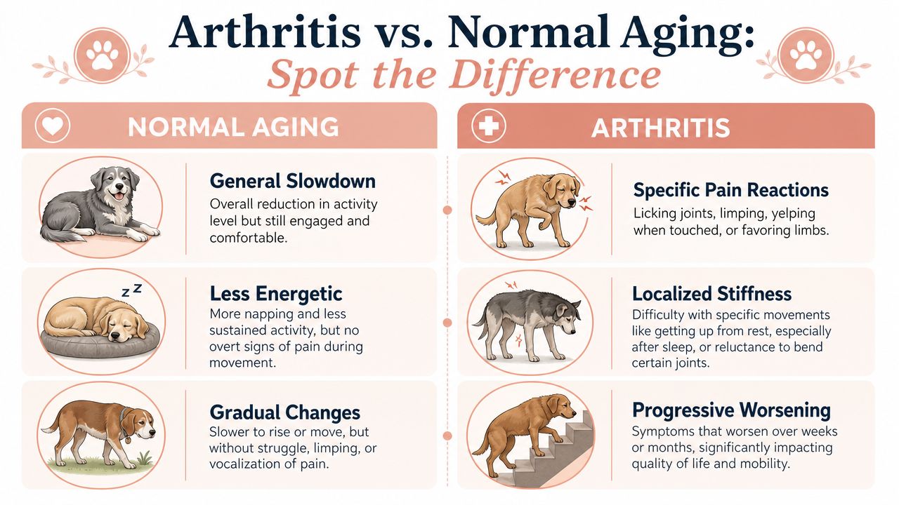 An infographic comparing normal aging signs in dogs with the symptoms of arthritis in pets.