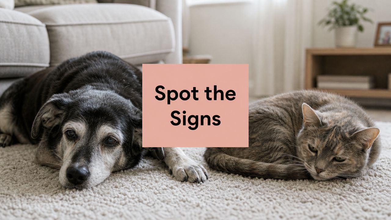 Dog and cat lying on a beige carpet with a pink card reading 'Spot the Signs' between them in a cozy living room.