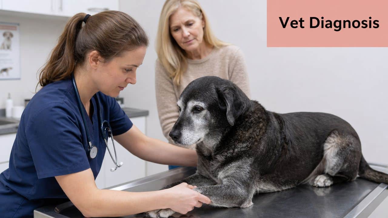 A veterinarian examining the paw of an elderly dog as the concerned owner watches in a clinic.