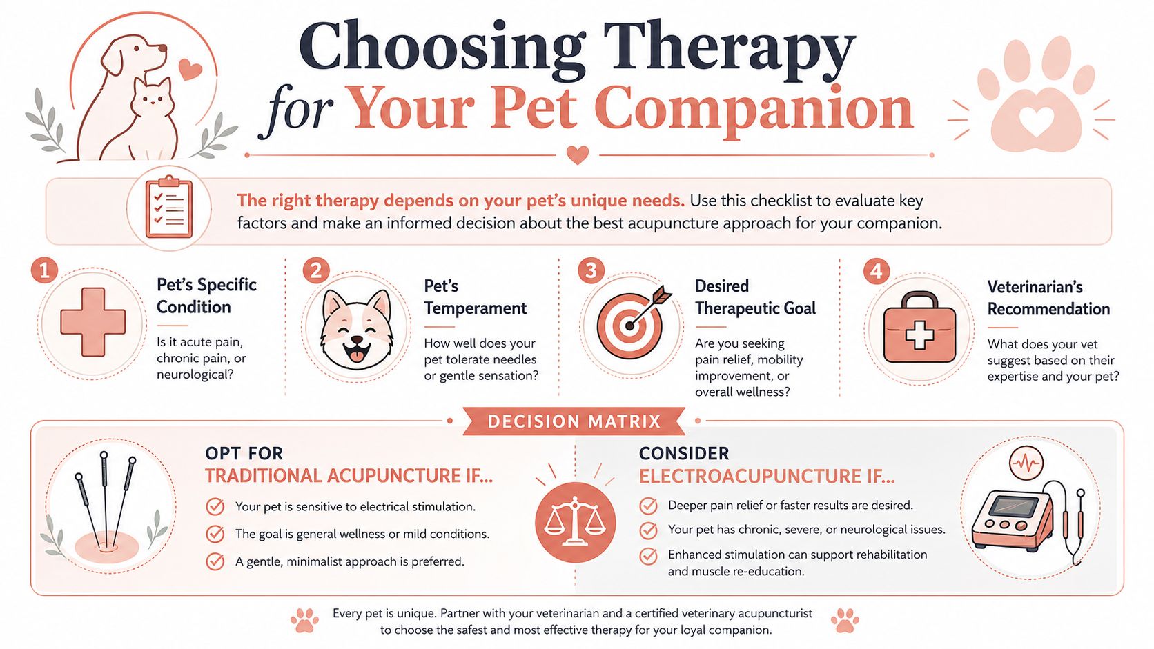 An infographic guiding pet owners on choosing between traditional acupuncture and electroacupuncture for their animal companions.