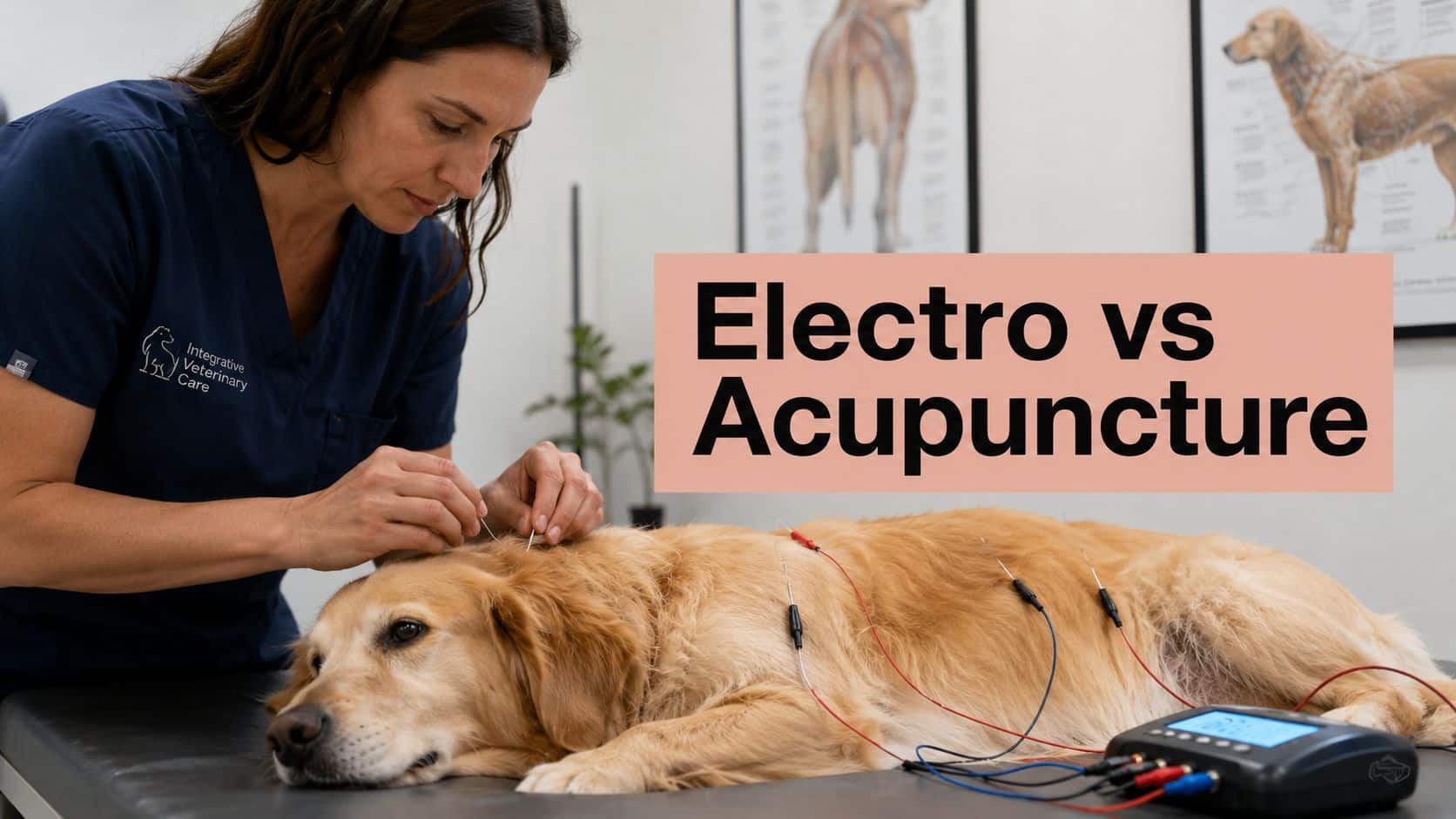 Veterinary specialist inserts acupuncture needles into a golden retriever during electro-acupuncture treatment on an exam table.